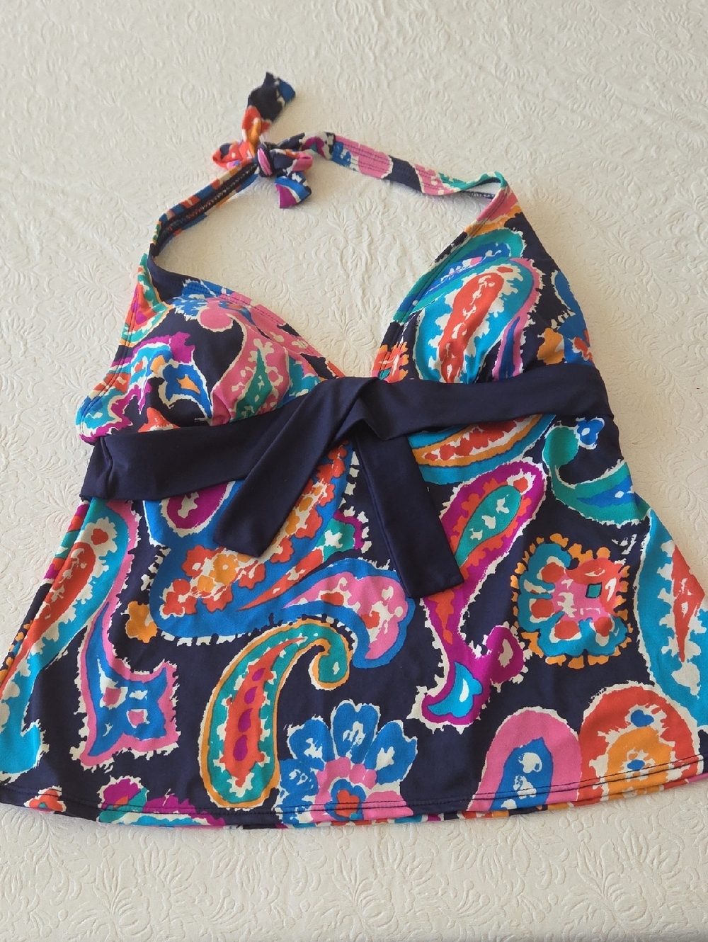 SOLD. Liz Clairborne Colorful Paisley Halter Tankini Top - Navy Trim
